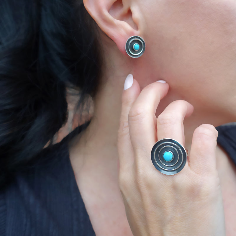 oxidized silver and turquoise artisan stud earrings