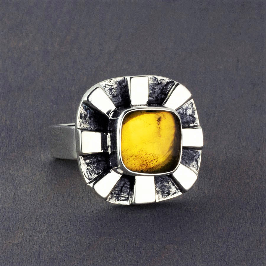 square oxidized sterling silver amber ring