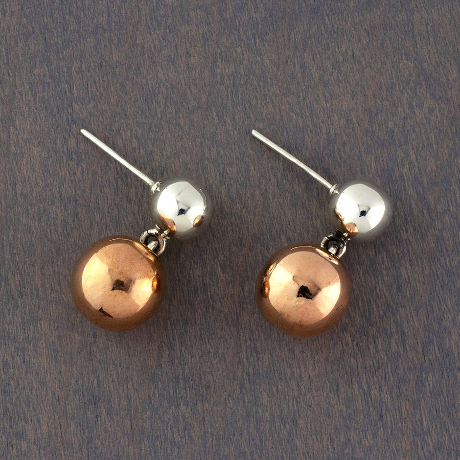 copper and silver double ball drop earrings