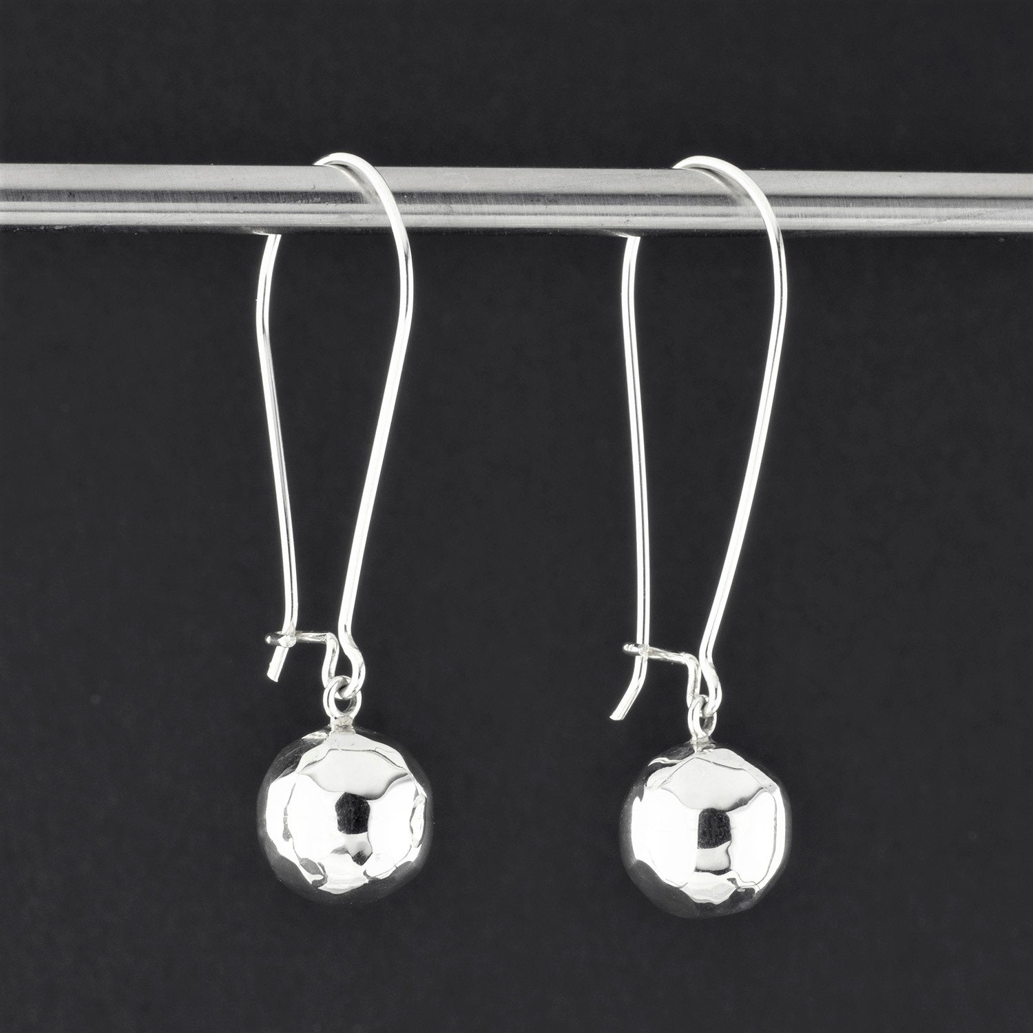 long hammered silver ball drop earrings