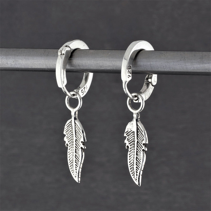 sterling silver feather hoop earrings